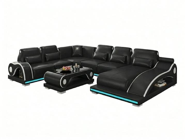 Xlmoebel Wohnlandschaft Wohnlandschaft U-Form Schwarz LED Modern Wohnzimmer Praktisch Design *, 1 Teile, Ottomane Links, Ottomane Rechts