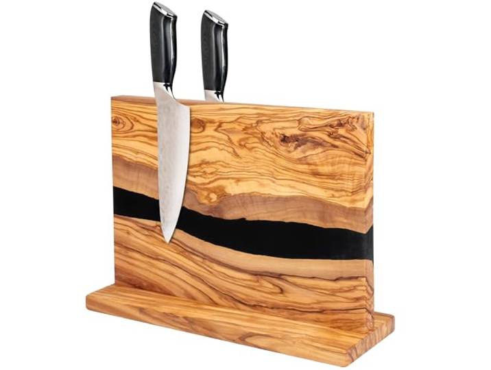 Magnetischer Messerblockständer – Küchenmesserhalter aus italienischem Olivenholz mit schwarzem Harzfluss-Design – doppelseitiger starker Magnet-Messerblock – Universal-Messer-Organizer für 18 Messer