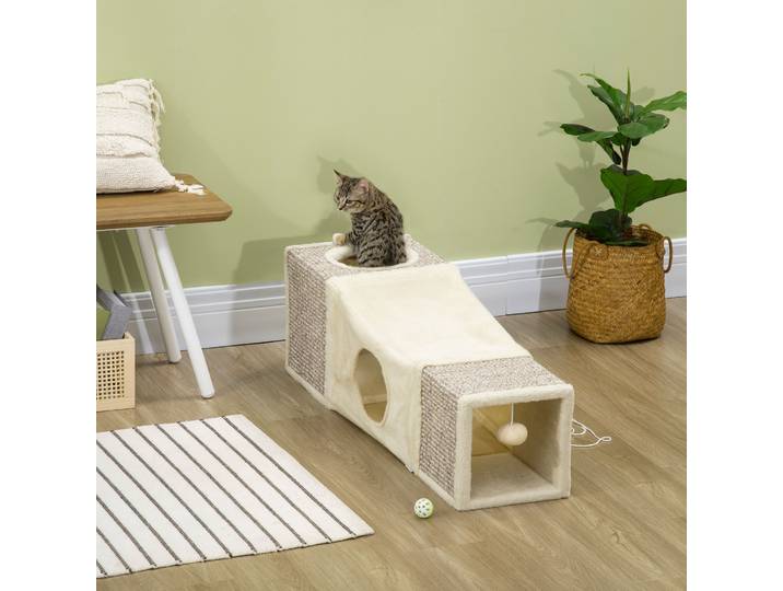 PawHut Tunnel Chat Sisal Crème 98x30x30cm avec Balle Suspendue