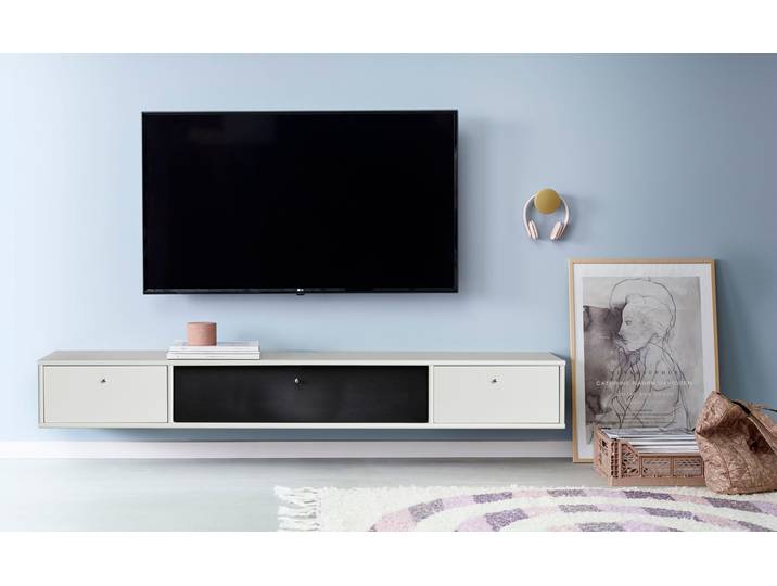 TV-Board, Weiß, 177×32,5×23 cm, Mit Klappe, Akustikstoff & Kabeldurchführung, Modern, Hammel Furniture