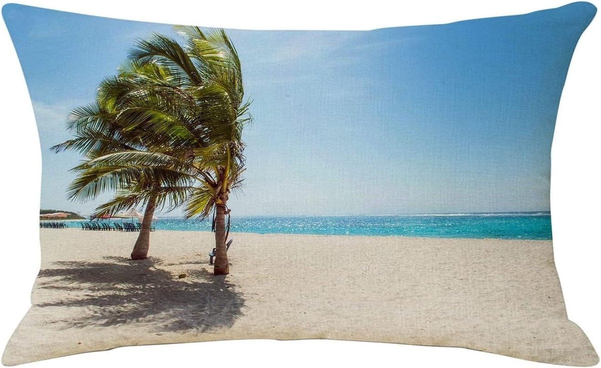 Decoratieve kussensloop van linnen in blauw groen beige, 30 x 50 cm