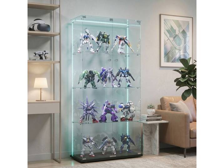 Vitrine en verre avec LED vitrine collection avec 4 etageres armoire vitrine avec serrure meuble vitrine salon trempé noir