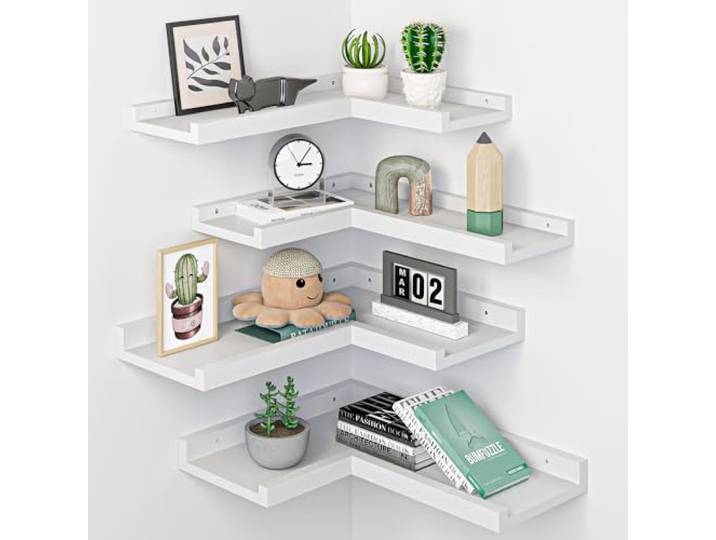 MVPSONAG Moderne weiße Eck-Wandregale mit 4 Ebenen, Holz-Eckregale mit Lippe, L-förmiges Eckregal für Wohnzimmer, Schlafzimmer, Badezimmer