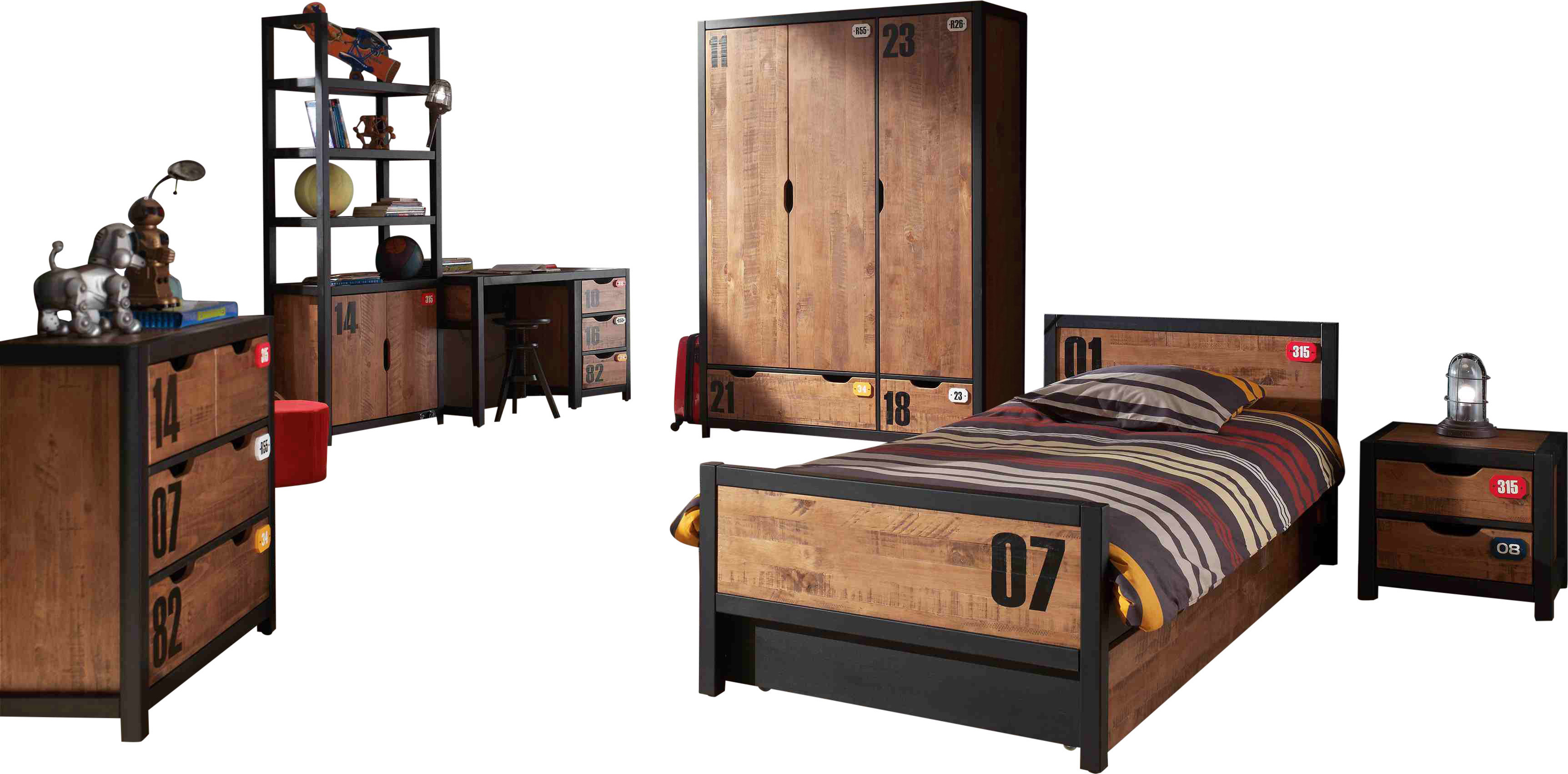 Diese ALEX-kombination besteht aus den folgenden Elementen: nako * und ein bett 90x200cm * und ein unterbett * und ein schreibtisch * und ein 3 turen schrank * und ein regal * und ein kommode 3 schubkasten *