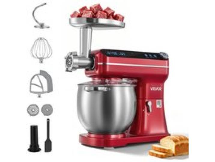 VEVOR Multifunktionale Küchenmaschine mit Kippkopf 7 L 2 in 1 1000 W Rot, Rührmaschine für Teig Sahne Rührteig und Fleisch, Knetmaschine mit Rührschüssel Knethaken Rührbesen und Schneebesen