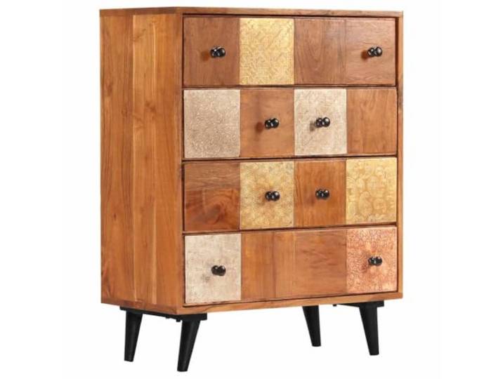 Foknhdi Kommode 60x30x75 cm Massivholz Akazie Sideboard mit 4 Schubladen Rustikaler Beistellschrank im Vintage-Look für Schlafzimmer und Flur, verziert mit dekorativen Metallapplikationen.