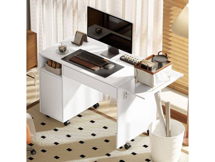 Bureau informatique roulant pliable avec armoire et tiroir panneau de particules blanc