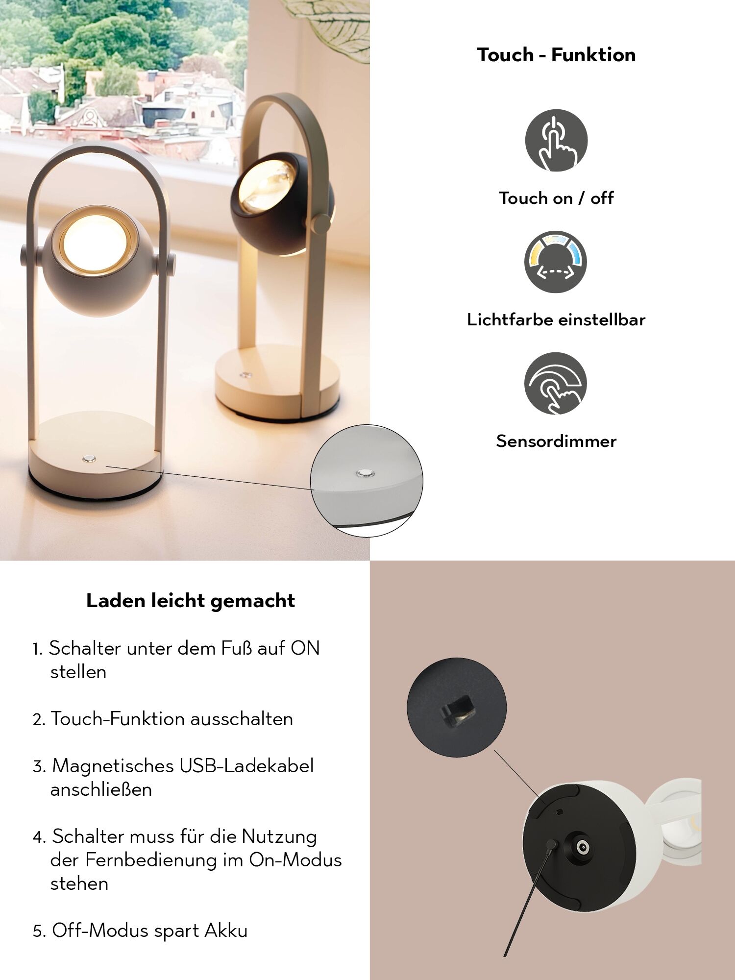 MUSTERRING LED Tischleuchte "CANNON, Akku LED Tischlampe Touchdimmer 4W 400 Lumen 2300-4000K CCT", beige (anthrazit), 1, Ø 10cm H: 30,5cm, 1 Stk., Leuchten, kabellose Akku Tischleuchte mit Lade-Base, schwenkbar dimmbar Memory, LED Tischleuchte