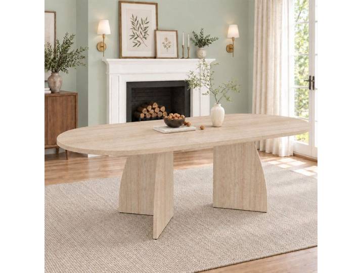 Table ronde extensible 150-200x90cm aux coins arrondis et Plateau de 18 mm d'épaisseur Travertin