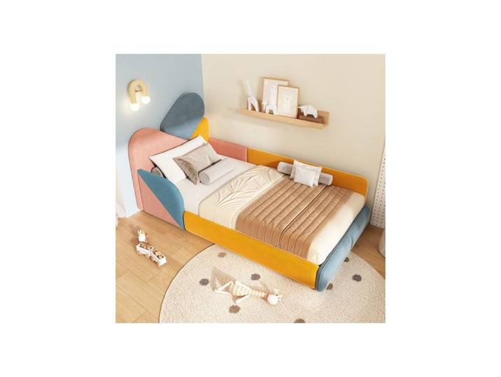 Lit enfant rembourré - WESTYLE - Lit enfant 90x200 - Sommier à lattes inclus - Velours multicolore - Cadre bois