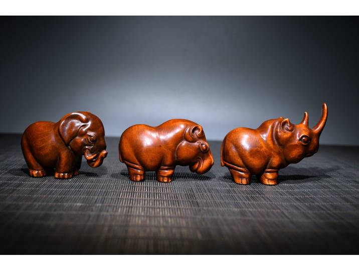 Collection de temple tibétain, vieux buis, sambo africain, hippopotame, rhinocéros, éléphant, fortune, ornement de bureau, maison de ville, exorcisme, 3