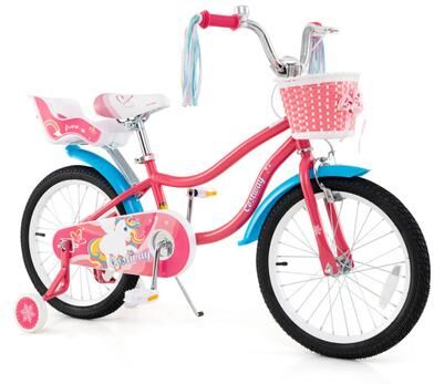 Costway 18 Inch Girls Bike for 3-5 Years Old Kids Bike with Doll Seat and Training Wheels