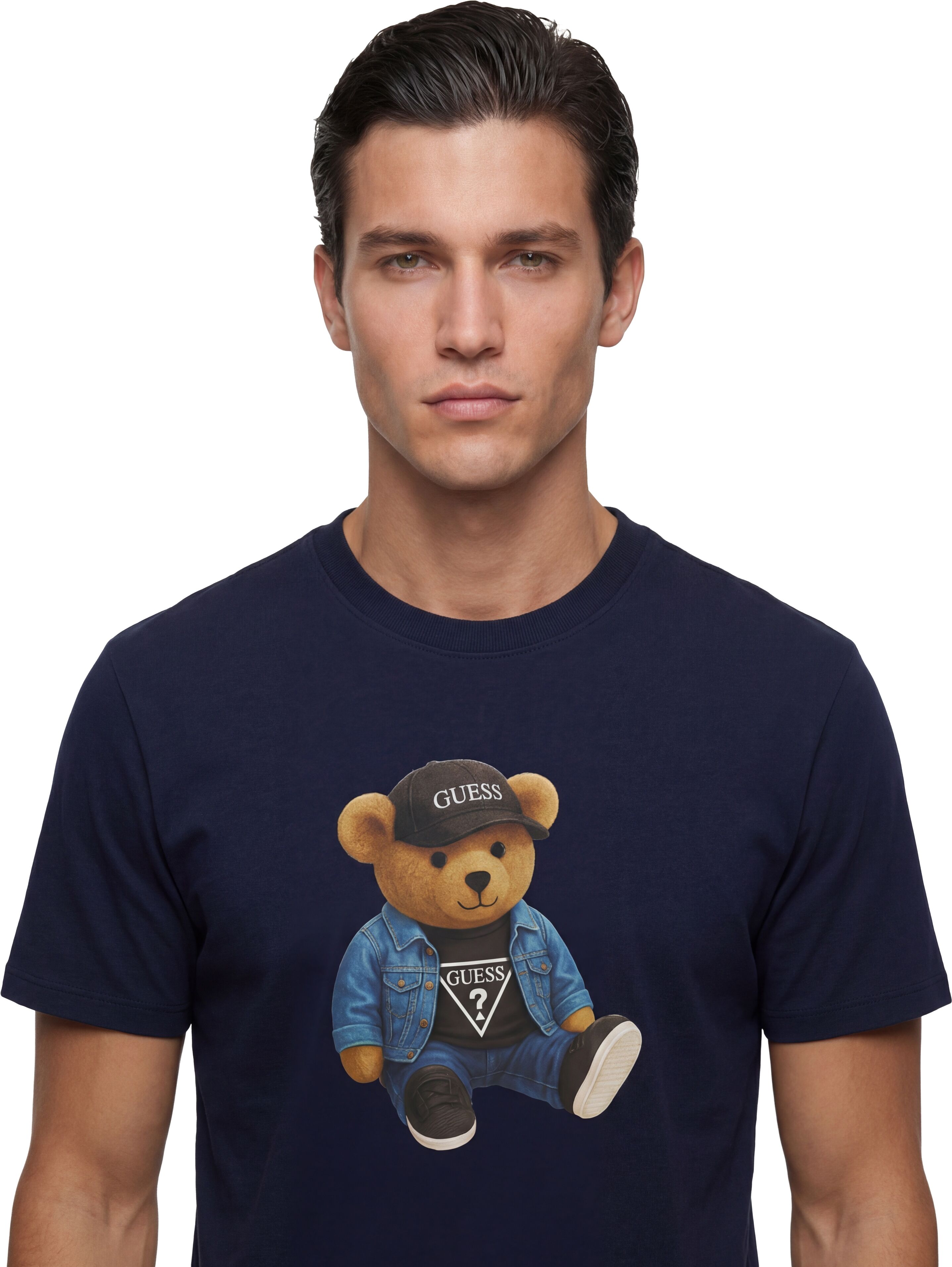 T-Shirt GUESS "GUESS TEDDY BEAR", Herren, Gr. S, blau (smart blau), Jersey, Obermaterial: 100% Baumwolle, unifarben, regular fit normal, Rundhals, Shirts T-Shirt, aus reiner Baumwolle, Rundhalsausschnitt smart blau S