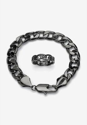 "Men's Big & Tall Black Ruthenium-Plated Curb-Link 9"" Bracelet and Ring Set by PalmBeach Jewelry in Stainless Steel (Size 10)"