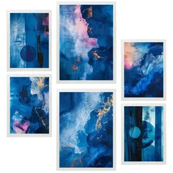 POSTER Set Mit 6 Abstrakte Farben Blau Cyan Rosa Formen A3 & A4 Weißer Rahmen