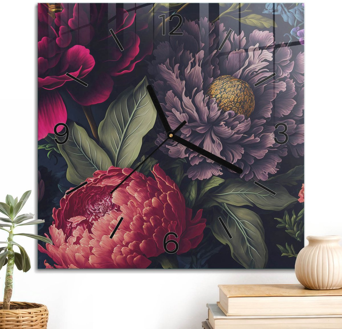 ArtPrintCave Rood Glazen Wandklok met Bloemenpatroon - Vierkant - 30 x 30 cm