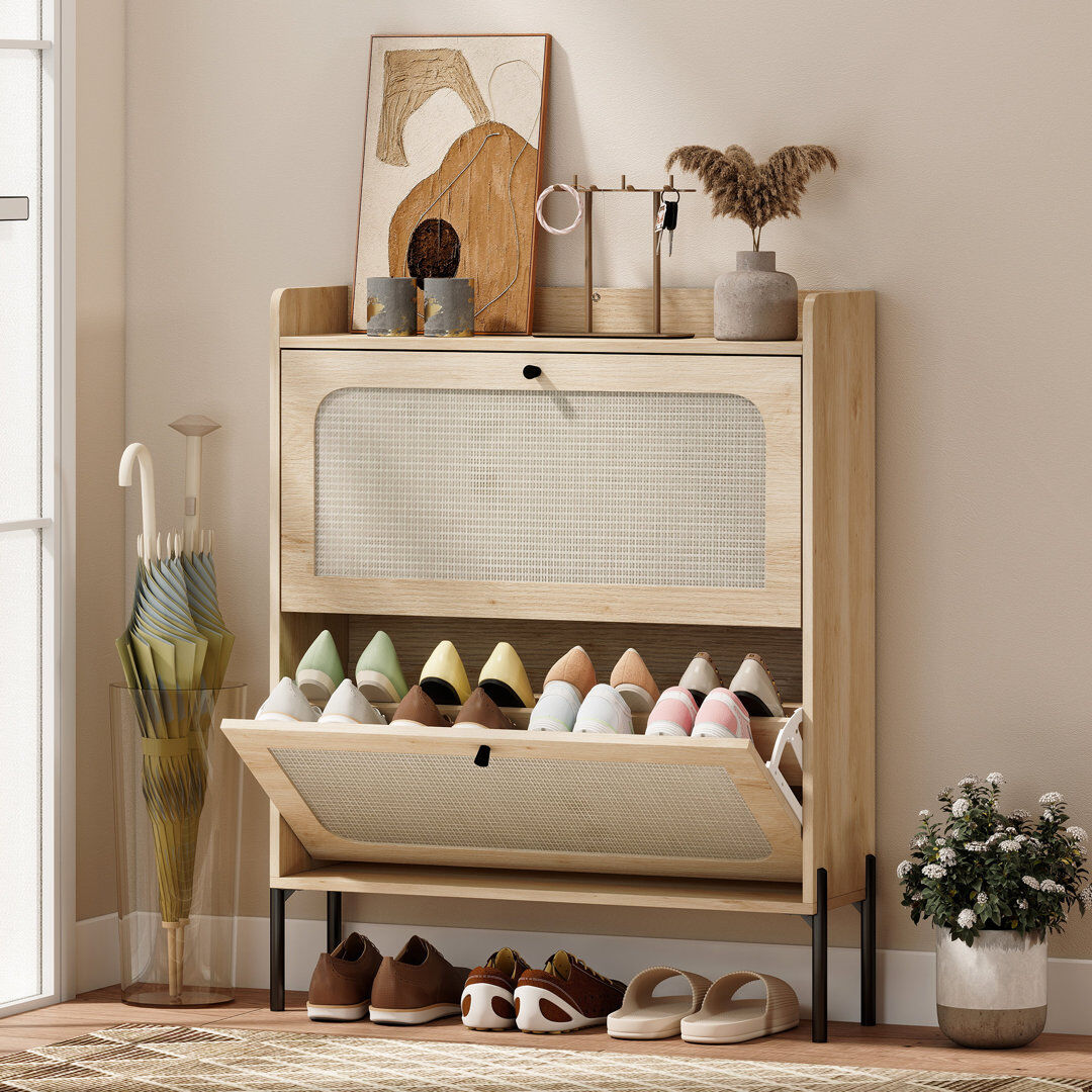 Bloomsbury Market HOMCOM Boho Narrow Shoe Cabinet, Shoe Rack with 2 Flip Drawers Oak 16