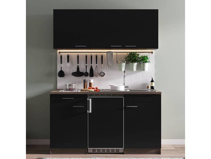 Cuisine Oliver I 150cm Noir/Noir/Imitation chêne foncé Vitrocéramique