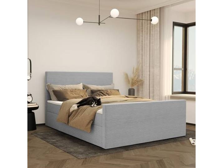 Kaiser Möbel - Bett 140x200 cm, Boxspringbett mit Bettkasten und Topper, Cord Schlafzimmerbett, Doppelbett mit Stauraum und Gepolstertes Kopfteil, Toppermatratze aus Viscoschaum - VIESTA - Hellgrau