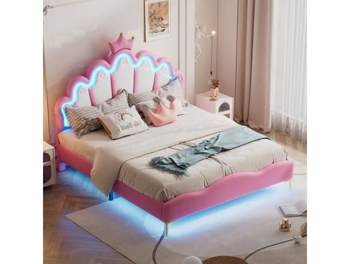 Lit double - Princesse - 140x200cm - Couronne - LED réglable - Cuir PU rose