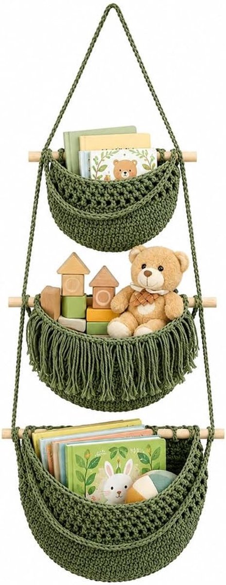 SGZIOO Hangorganizer met 3 niveaus van katoenen touw, Groen