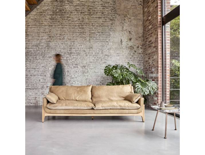 Sofa 3-Sitzer aus Leder und Leinen Woodnest Cheyenne - Braun