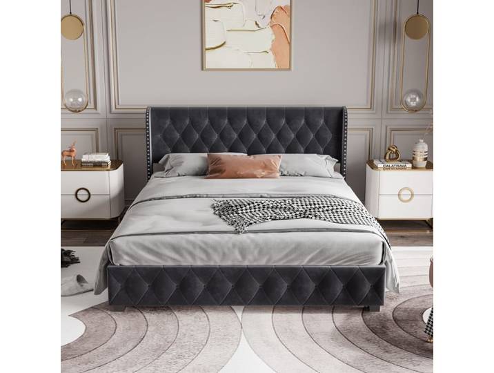 Lit coffre 140x190 - RWUDV - Lit double 140x190 -lit coffre 140x190 coffre-Lit 140x190 cm-structure de lit avec sommier-Velours gris