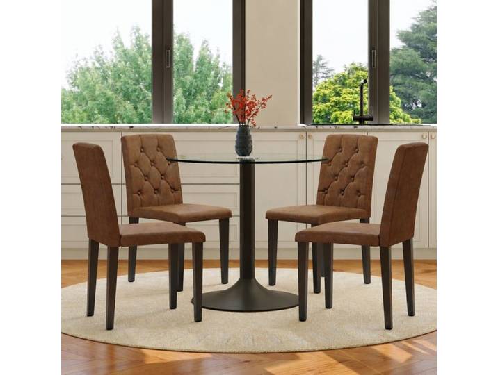 Norevia Ensemble table ronde et 4 chaises table à manger ronde en verre trempé 85 cm marron et noir
