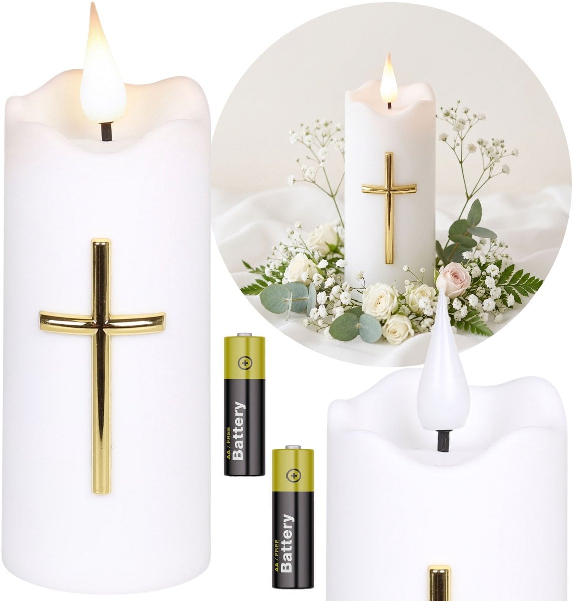 VLAMEFFECT LED kaars wit met kruis, Hoogte: 13 cm