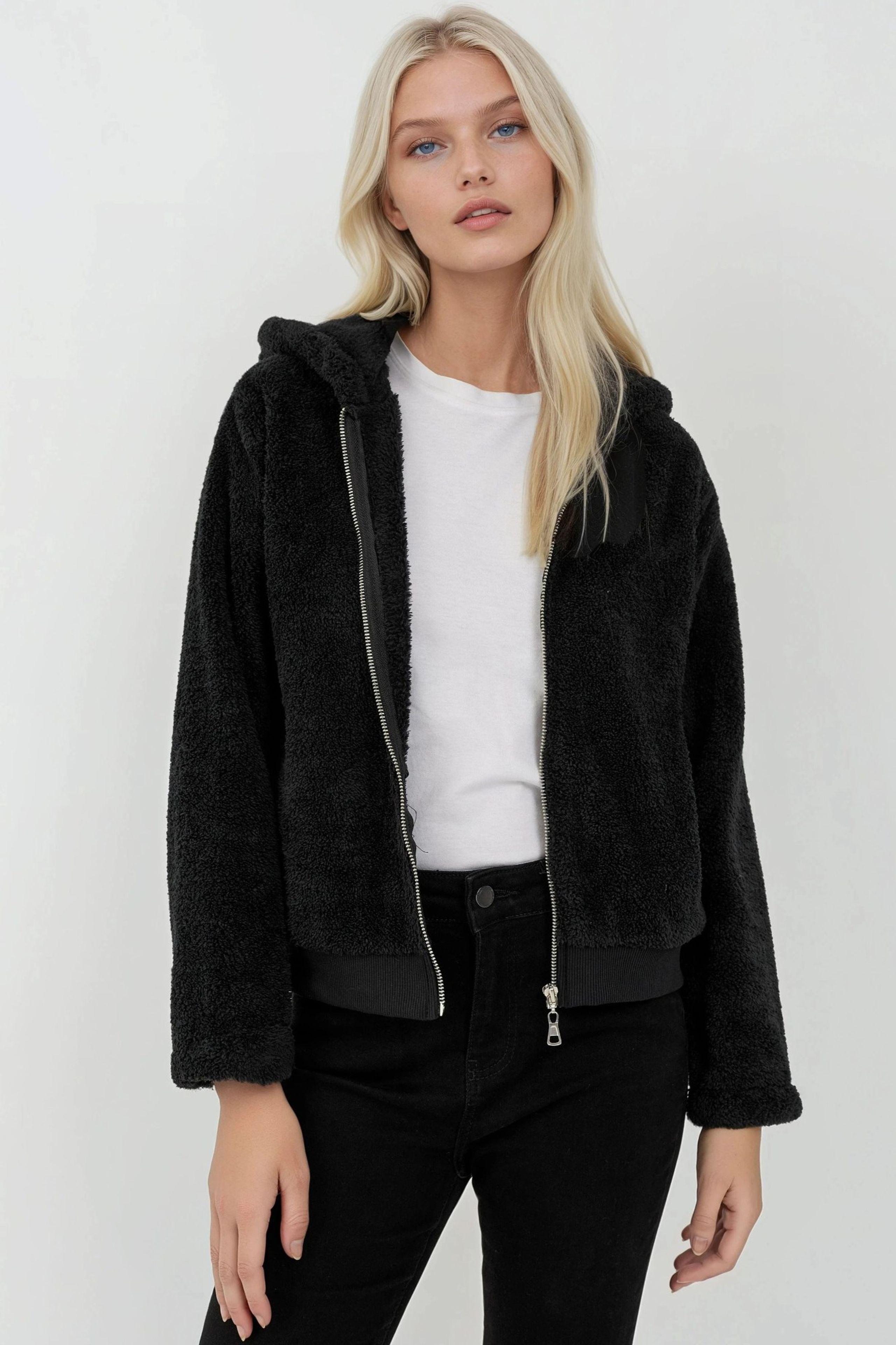 Strukturierte Fleecejacke mit durchgehendem Reißverschluss und Kapuze