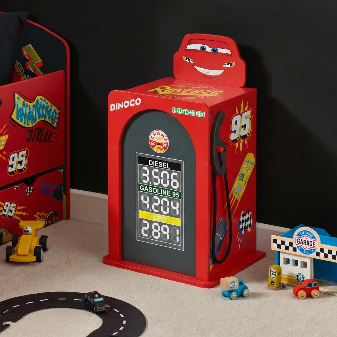 Disney Cars Lightning McQueen Bedside Table – Dinoco Petrol Pump Design Kids Nightstand with 2-Tier Shelf Storage, Novelty Side Table for Children's B Red 67.9cm H X 39cm W X 32cm D