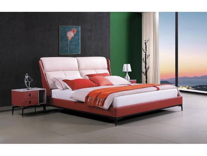 JVmoebel Lederbett Hotel Doppelbett aus rotem Kunstleder mit Edelstahlfüßen (3-tlg), Made in Europa