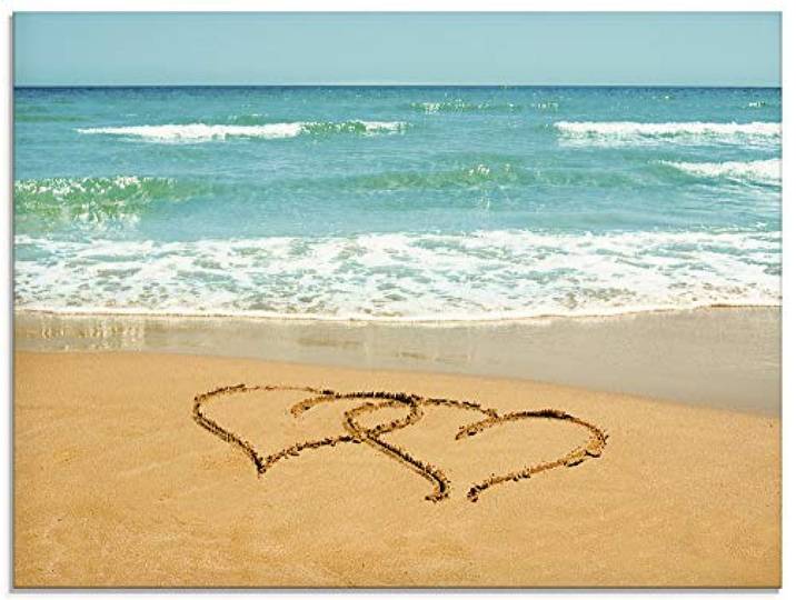 ARTland Wanddeko Glasbilder Wandbild Glas Bild einteilig 80x60 cm Querformat Strand Meer Küste Urlaub Liebe Paar Natur Landschaft Herzen Sand T5OB
