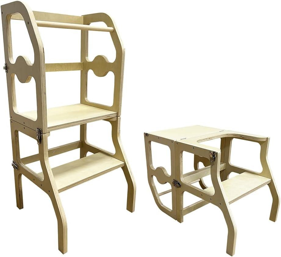 Multifunctionele houten leertoren voor peuters, opvouwbaar tot stoel en tafel