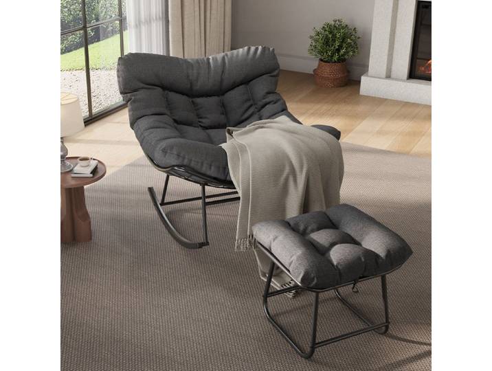 JoyGarden Fauteuil œuf à bascule XXL de jardin avec ottoman – Résine tressée chaise lounge patio/balcon/terrasse/porche – Noir/Gris