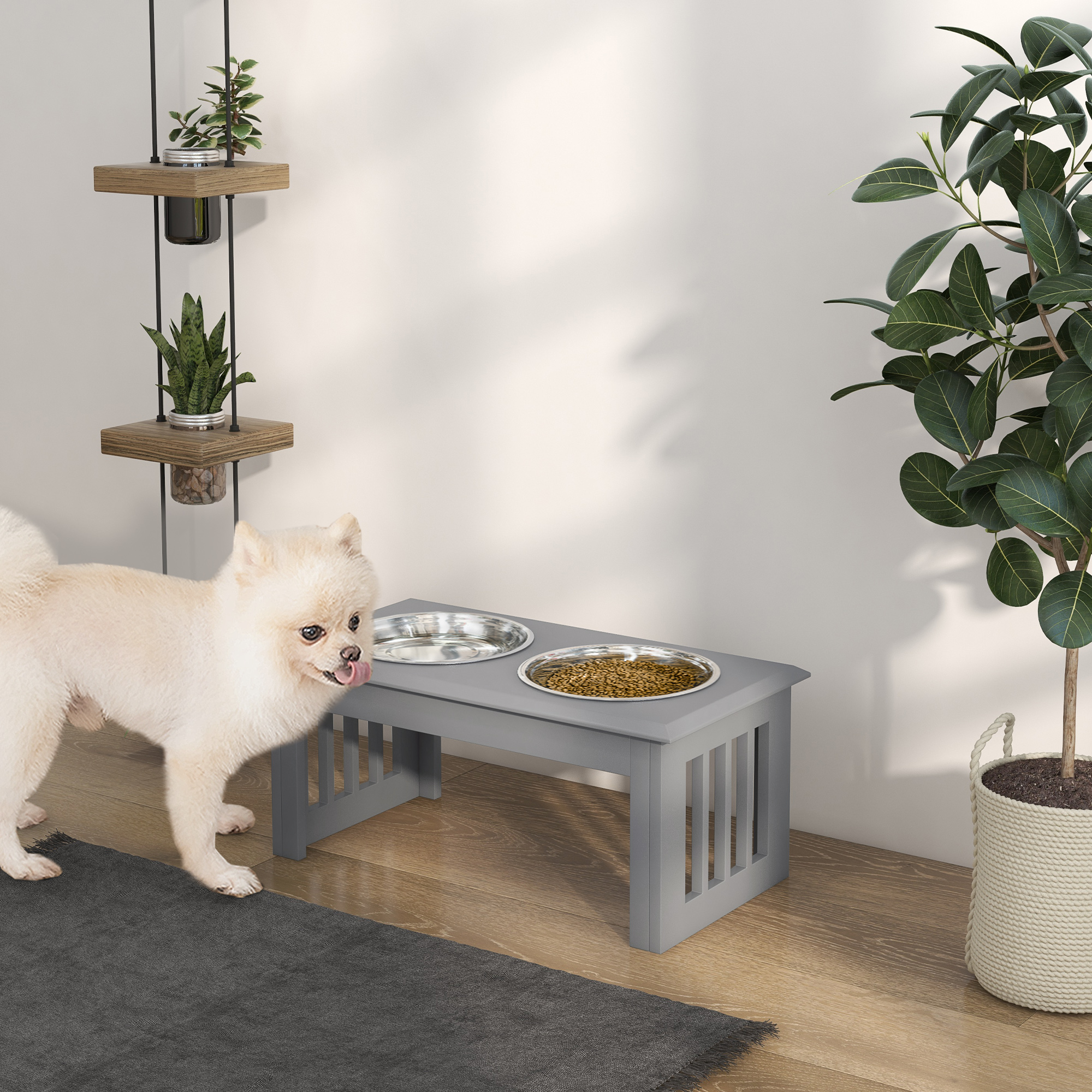 Pawhut Ciotola rialzata per cani con 2 ciotole rimovibili, 58,4x30,5x25,4 cm, Grigio   Aosom Italy