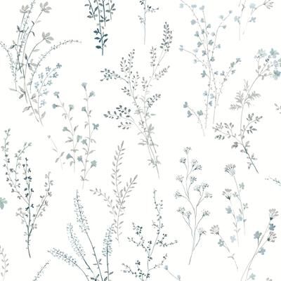 Inspired by Color Wildflower Sprigs Blue & Green Wallpaper
