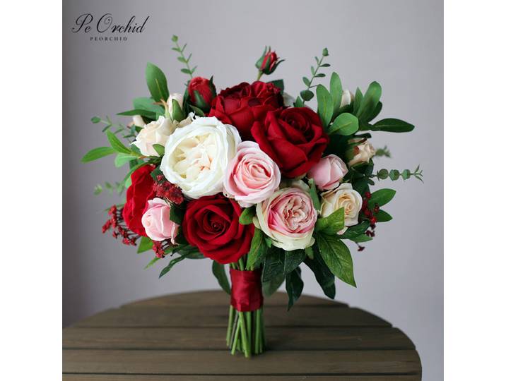 PEORCHID-Bouquet de Fleurs Artificielles Roses et Rouges, Pivoines, Champagne, Mulit, Documents Vintage, Patients, Mariage