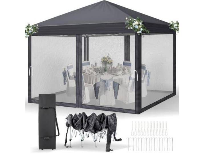Pavillon 3 x 3 m wasserdicht UV Schutz 50+ mit 4 Mesh-Seitenteilen Dunkelgrau
