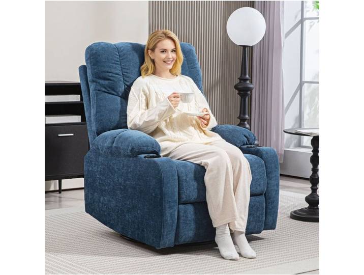 Fauteuil relax pivotant et a bascule avec dossier inclinable 135° et 2 porte-gobelets polyester bleu - UVRION