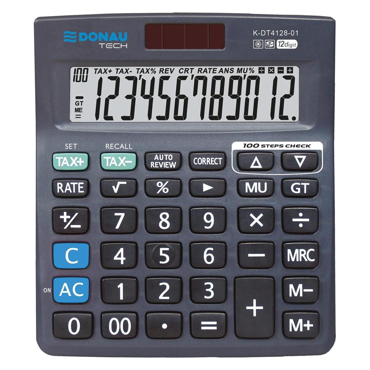 Donau Taschenrechner TECH OFFICE Taschenrechner, 12-stellige Anzeige, 140x122x27 mm, schwarz (Batteriebetrieb, Solarenergie) (K-DT4128-01)