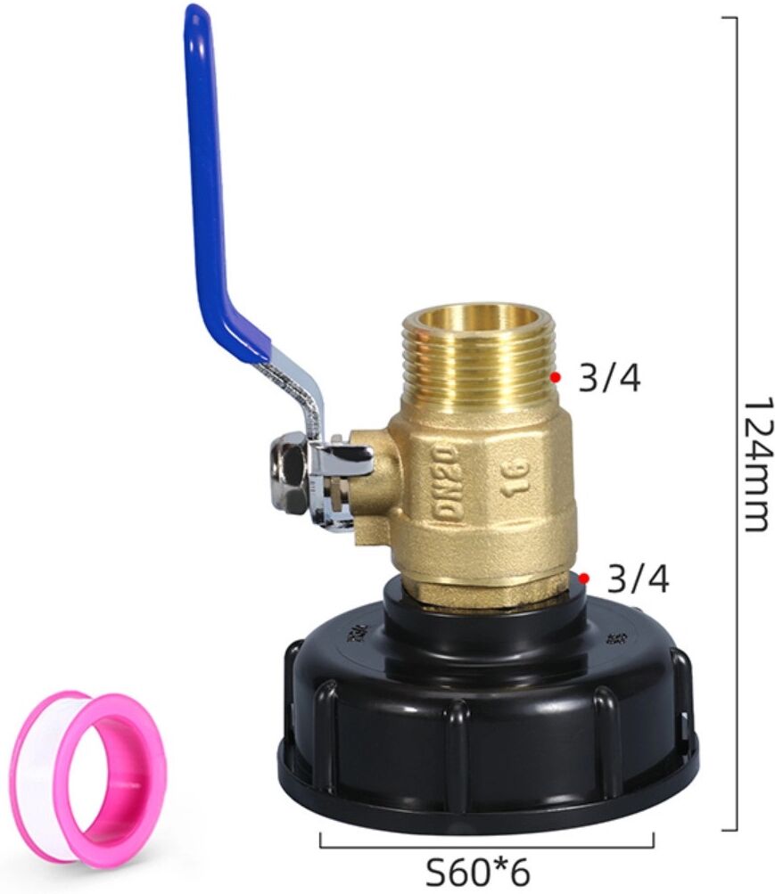 INF IBC-Adapterkappe mit 3/4 Doppel-Außengewinde Messing-Kugelhahn, blauer Griff - ABS+Messing Mehrfarbig IBC-Fitting