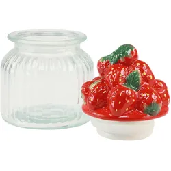 Viana Dekorative Bonboniere Glas mit Erdbeer-Keramikdeckel für sommerliche Tischdeko, Vorratsbehälter, Transparent, Rot