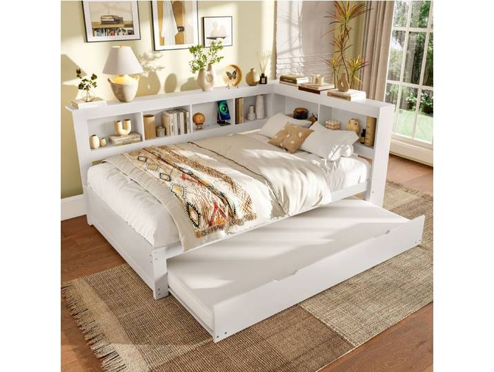 lit adulte daybed rangement 140x200 avec lit gigogne bois blanc prise USB chambre couchage gain de place Grjofek