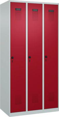 Kleiderspind C+P Evolo Plus, 3 Abteile, Anschlag rechts, Sicherheits-Drehriegel, B 900 x T 500 x H 1850 mm, lichtgrau/rubinrot