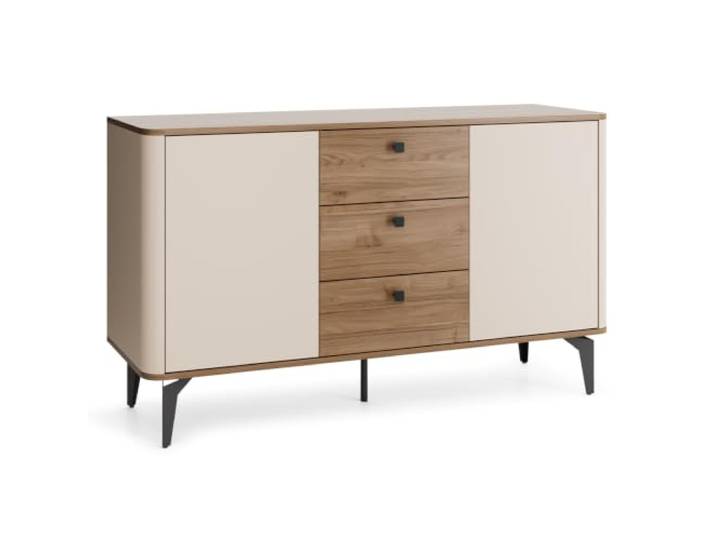 BEAUTY SOFA Kommode Aurora 140 cm Sideboard mit 2 Türen und 3 Schubladen, Schwarze Metallbeine, Cashmere/Royal Nussbaum