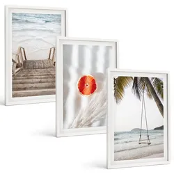 BILDER SET 3er Set - 40x60 cm Weißer Rahmen - Strandtreppe aus Holz, Urlaub