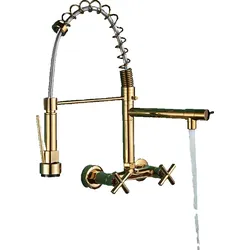 KLARWERK® Björn | Gastronomie Armatur Wandmontage Gold glänzend | Profi Küchenarmatur Edelstahl Zwei Brausen | Doppelspülbecken Wasserhahn Restaurant