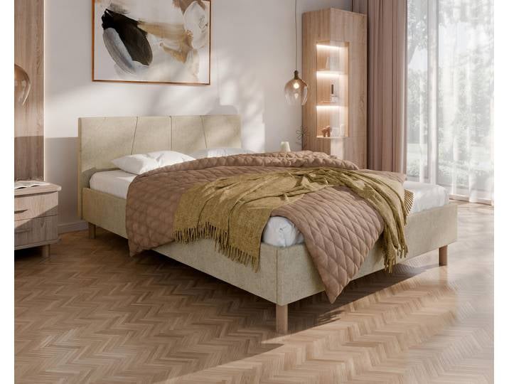 ALMORE Polsterbett – minimalistisches Design, Holzbett auf Füßen Federkernmatratze