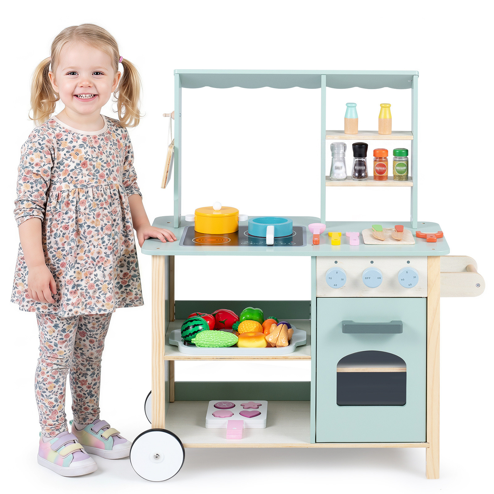 Costway Houten Kinderkeuken Speelkeuken met Schuifhandvat en Wielen
